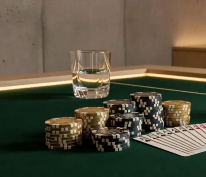 Detail prémiového pokerového stolu a žetonů v loftovém prostoru